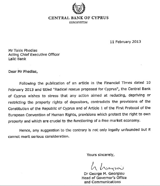 Central Bank Cyprus letter